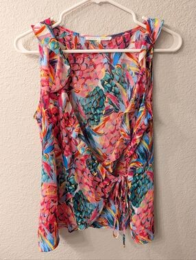 Violet & Claire Colorful Abstract Pineapple Wrap Sleeveless Blouse
